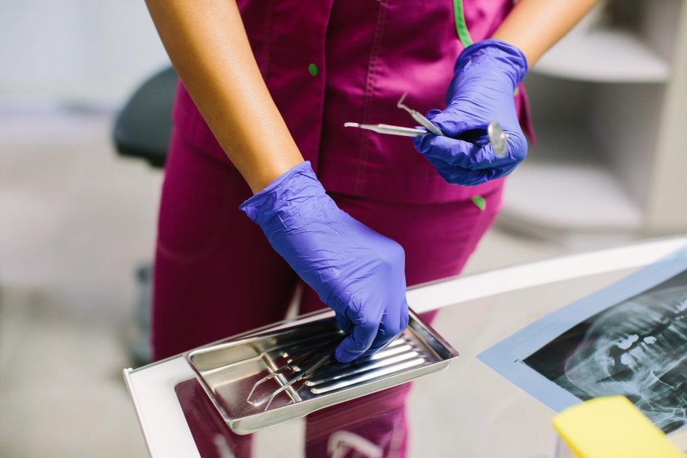 Dental equipment tray prepared before laser dentistry procedure