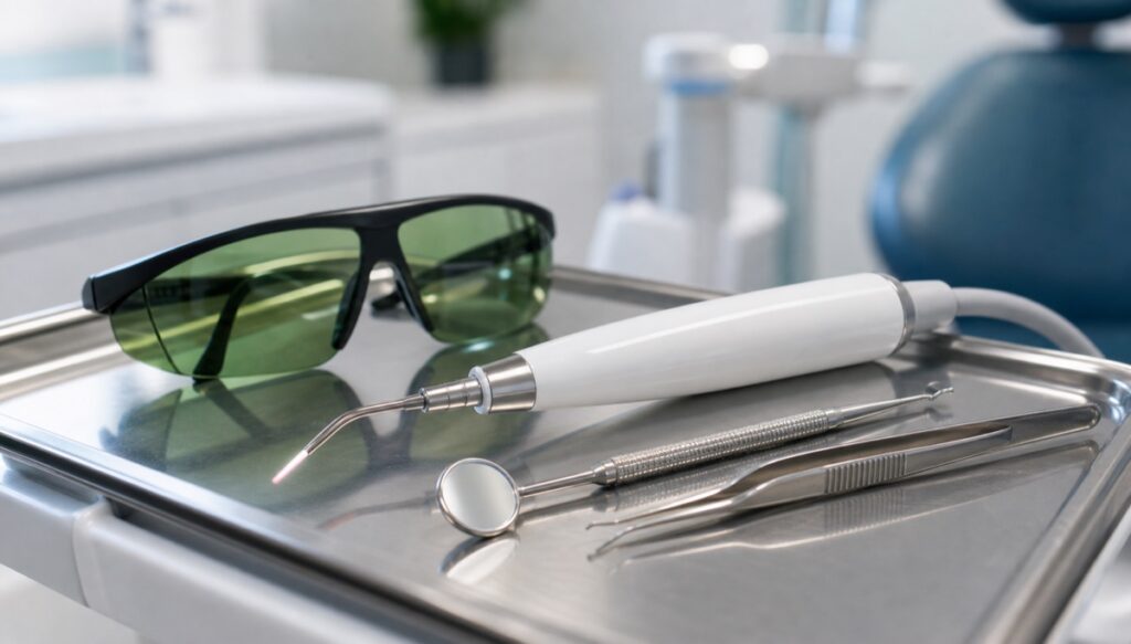 Dental laser handpiece and protective eyewear prepared on a tray