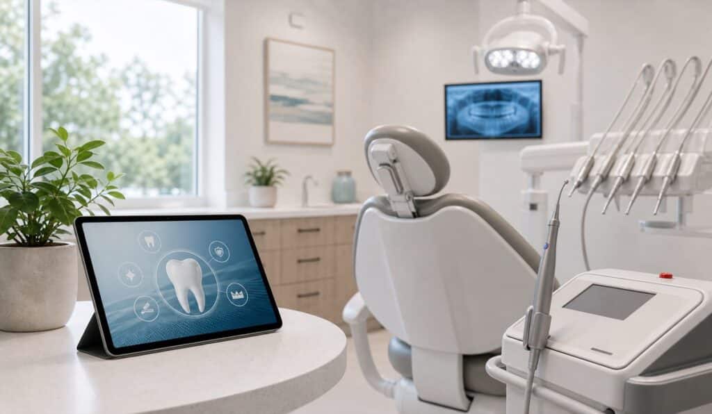 Modern family dental consultation room with advanced dental technology