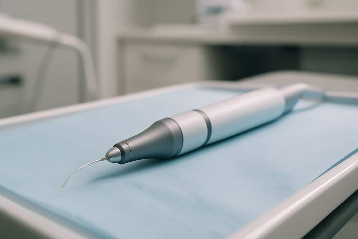Dental soft-tissue laser handpiece resting on a sterile tray