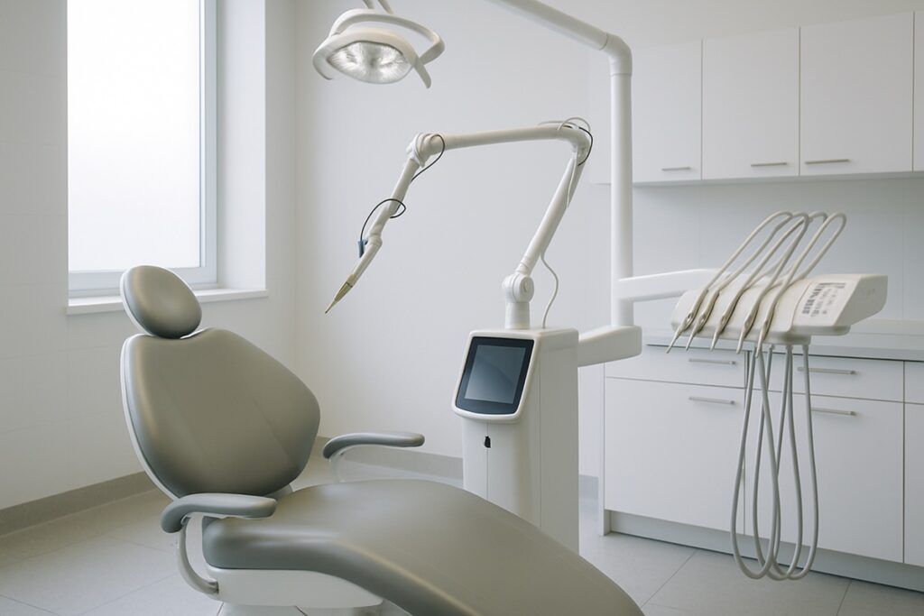 Modern dental operatory featuring a dental laser unit beside the patient chair