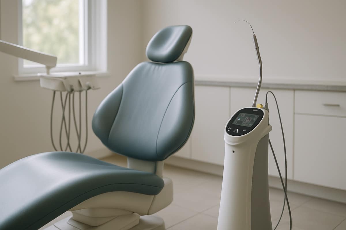 Soft tissue dental laser unit beside a chair in a family dental operatory