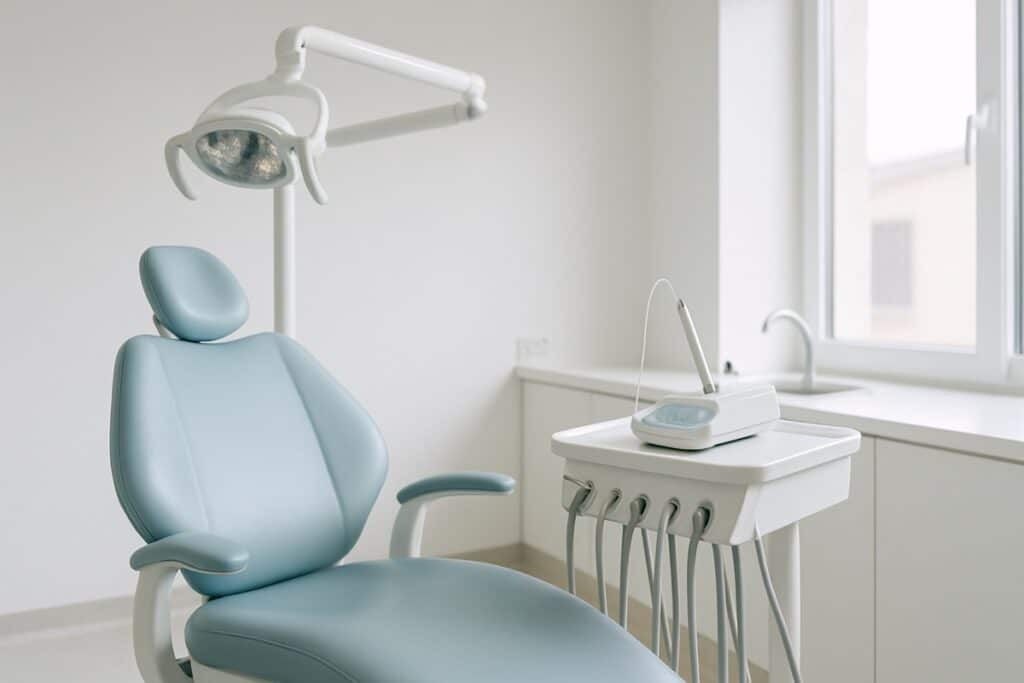 Bright dental hygiene room with a chair and ultrasonic scaling equipment