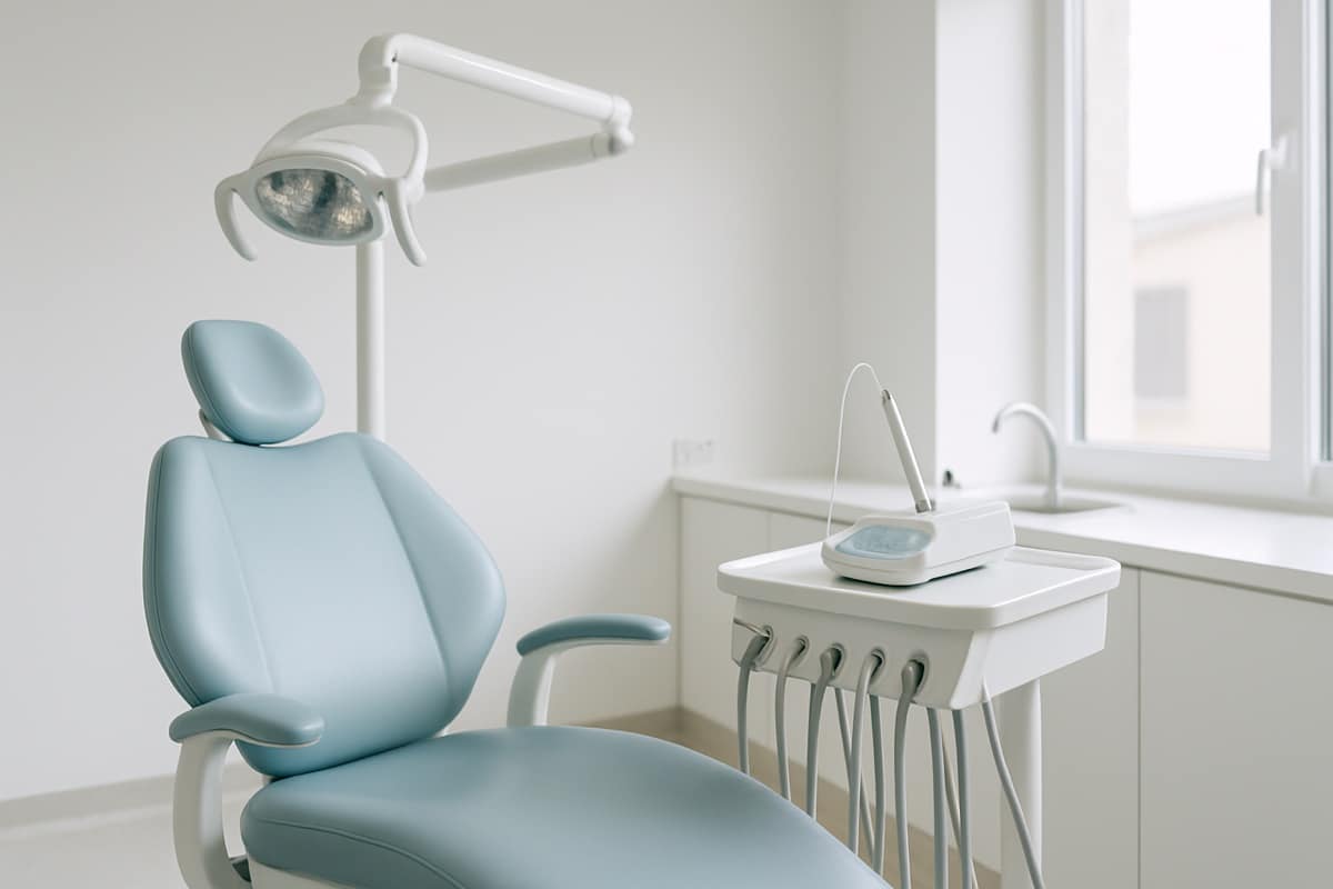 Bright dental hygiene room with a chair and ultrasonic scaling equipment