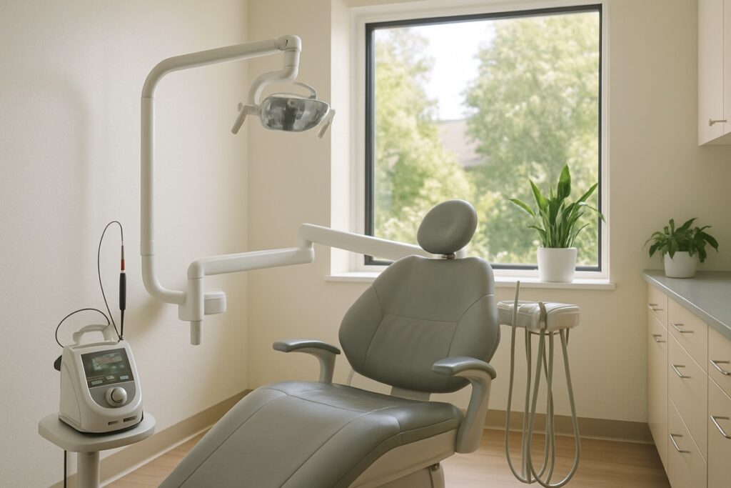 Bright family dental operatory with a laser unit beside the patient chair