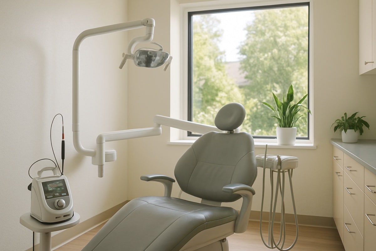 Bright family dental operatory with a laser unit beside the patient chair