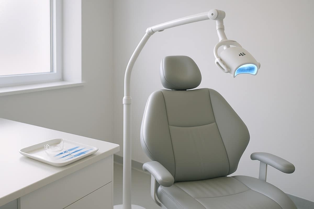 Teeth-whitening treatment room with a chair and whitening lamp