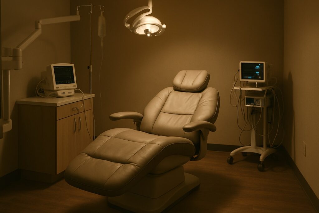 Calm dental sedation suite with a reclined chair and softened lighting