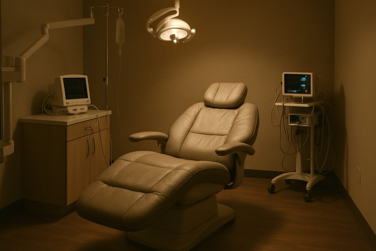 Calm dental sedation suite with a reclined chair and softened lighting