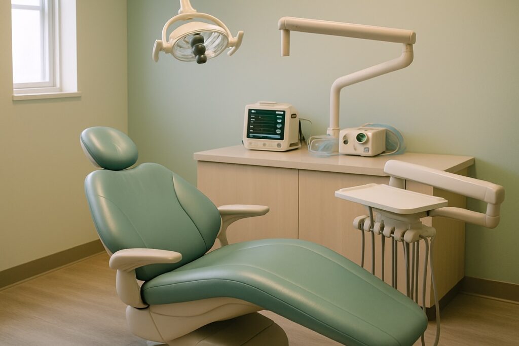Calm pediatric dental operatory with a reclined chair and sedation monitoring equipment