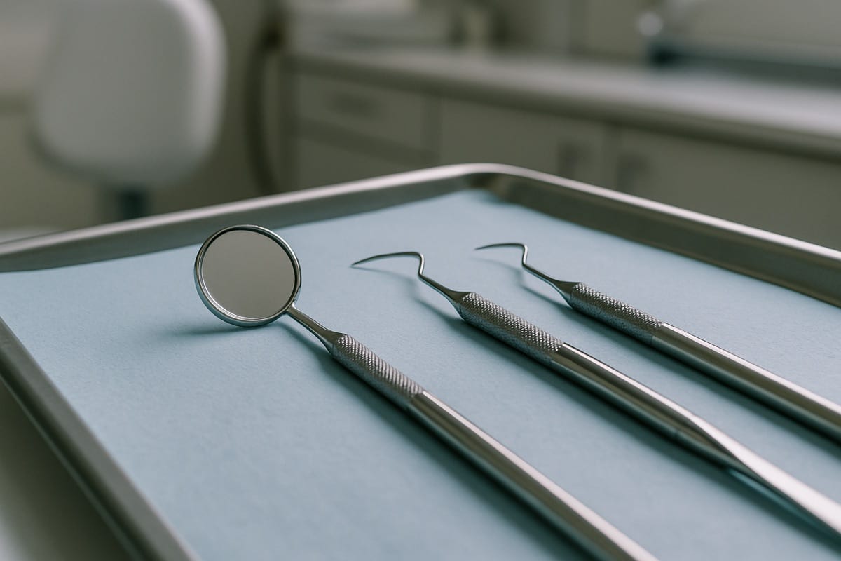 Traditional stainless steel dental instruments on a sterile tray