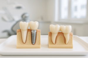 Dental implant model and fixed dental bridge model side by side