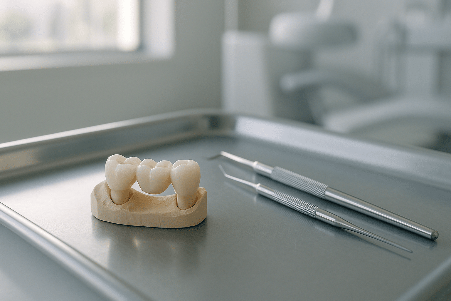 Fixed dental bridge model on a dental tray