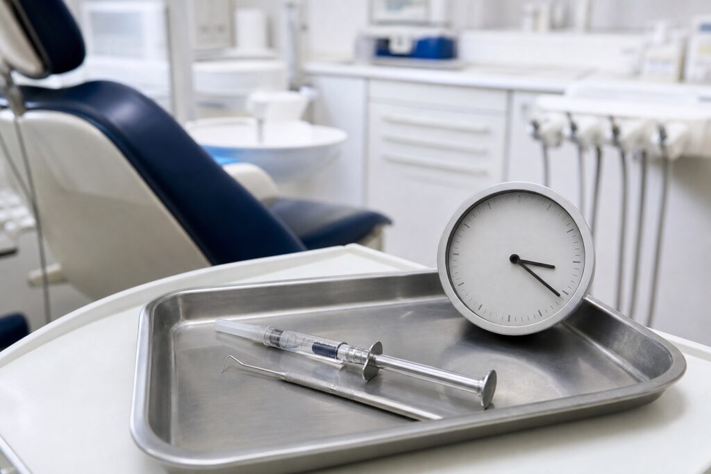 Dental anesthetic syringe and clock in an empty dental operatory