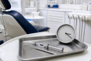 Dental anesthetic syringe and clock in an empty dental operatory