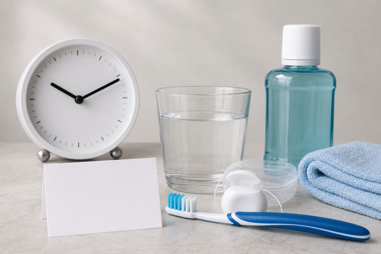 Dental aftercare setup with a plain clock, water and oral care items