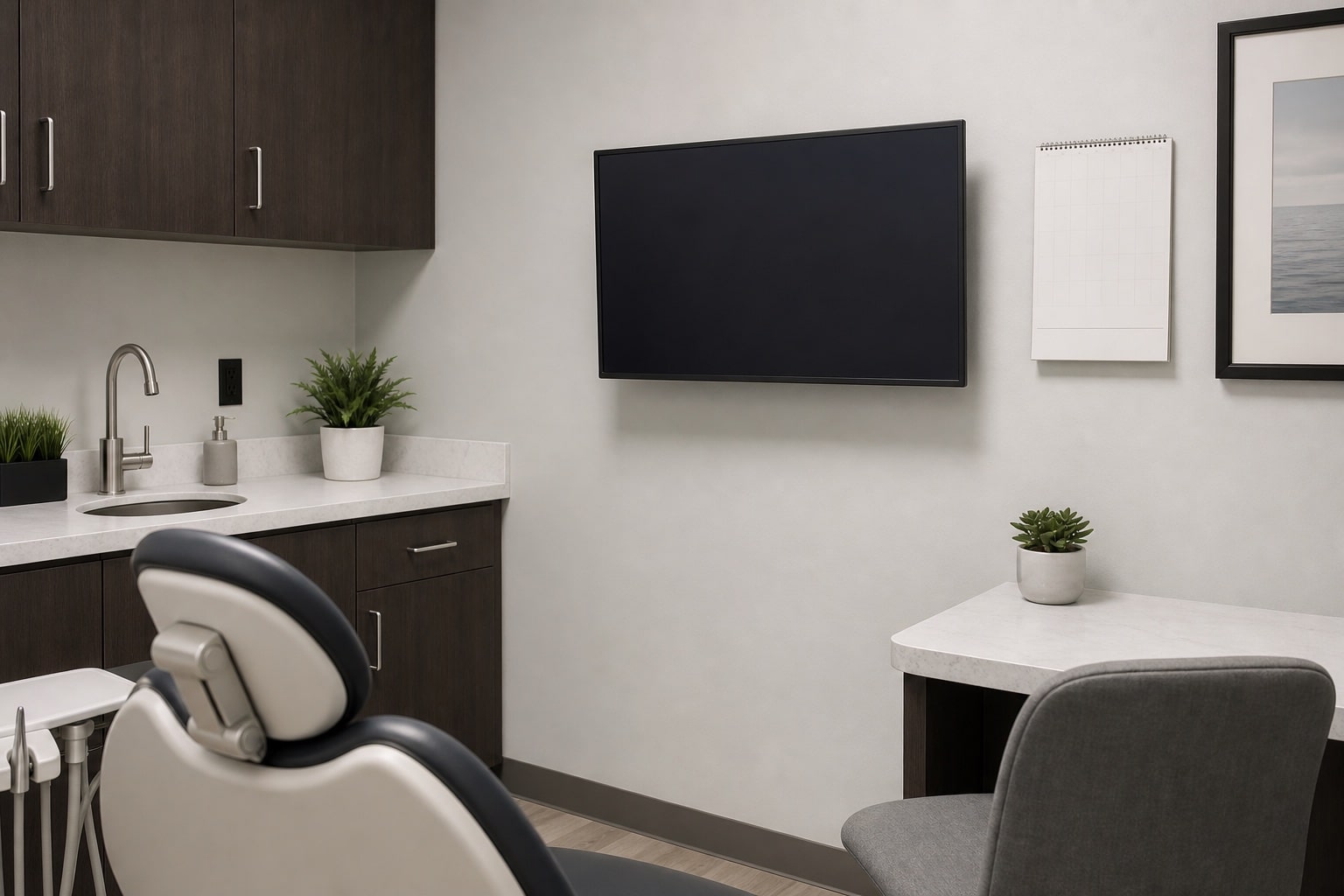 Empty dental consultation room with a blank monitor and plain calendar