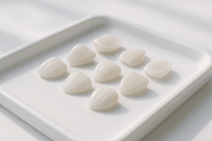 Porcelain veneer shells arranged on a dental tray