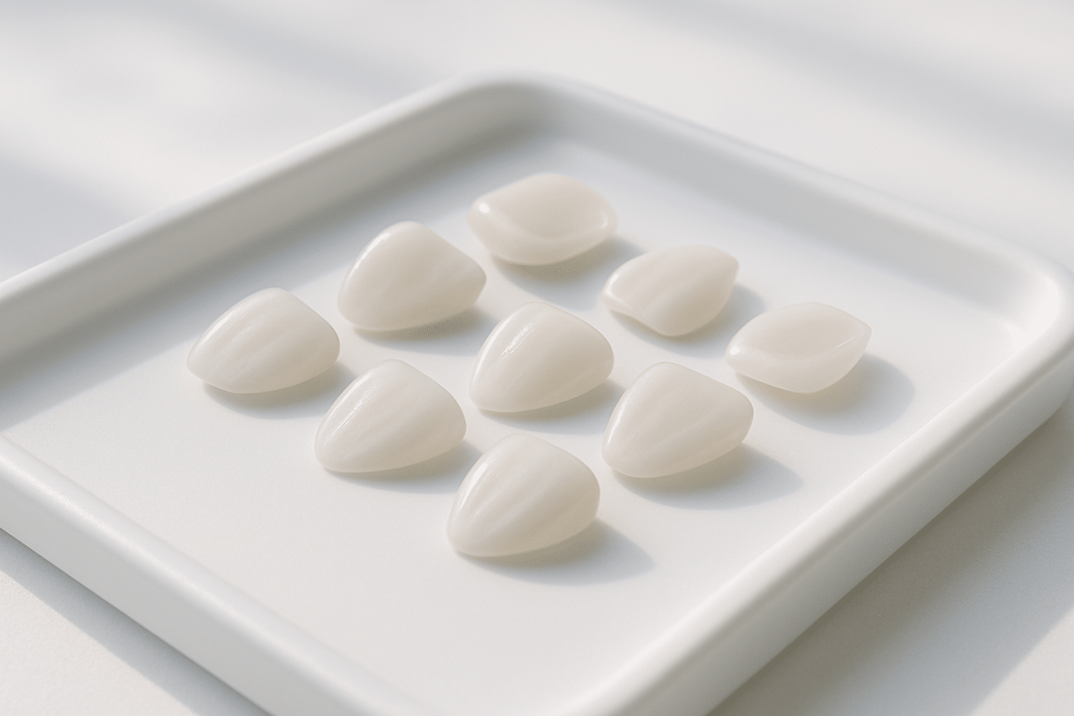 Porcelain veneer shells arranged on a dental tray