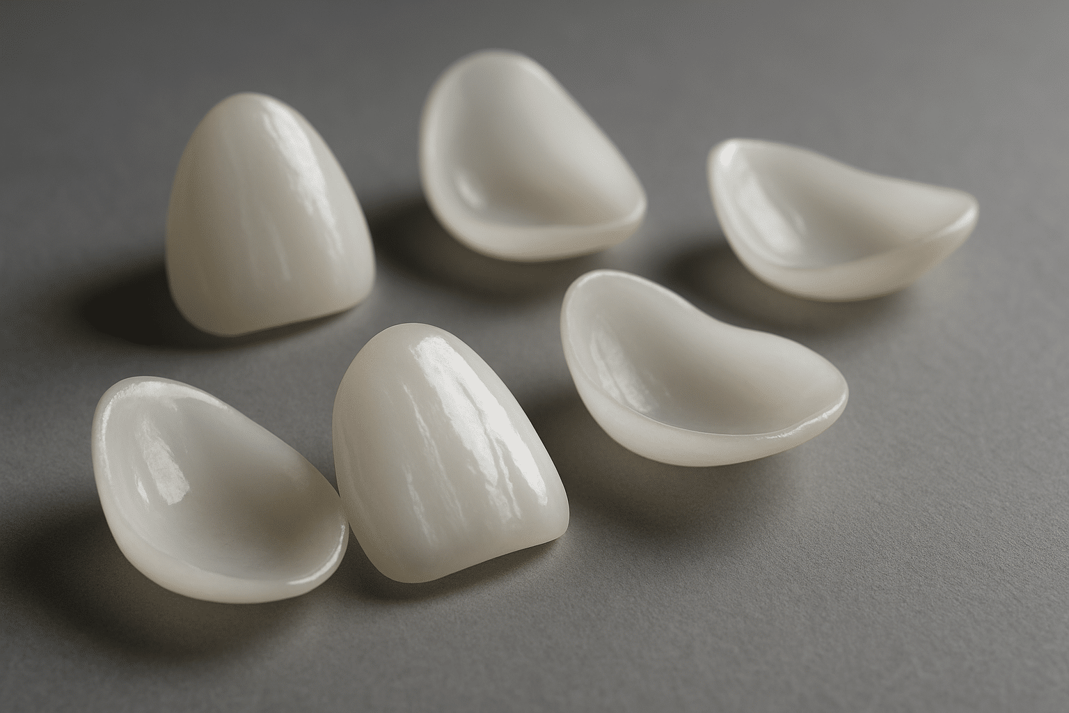 Close-up of porcelain veneer shells showing translucency