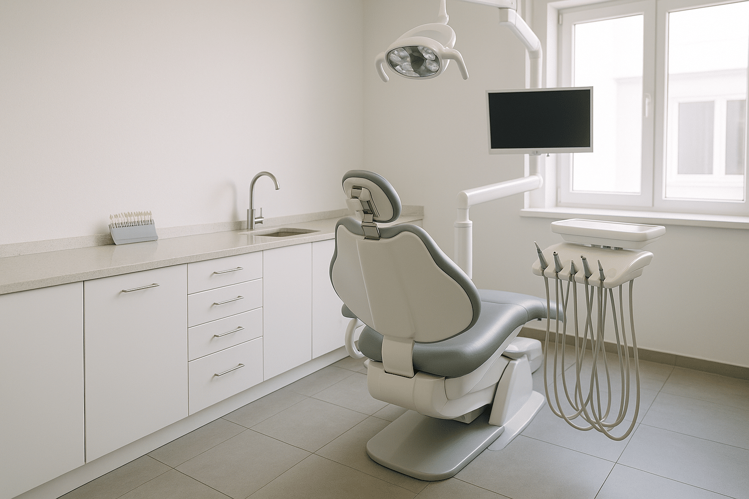 Modern cosmetic dental operatory with a dental shade guide