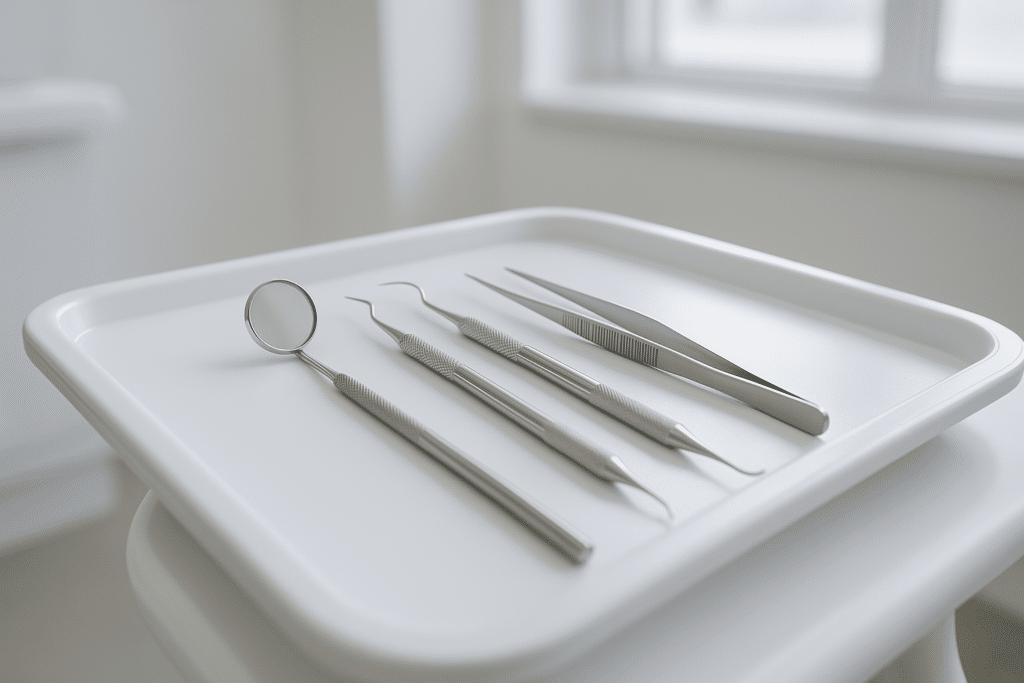 Dental hygiene instruments and mirror on a clean tray