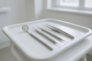 Dental hygiene instruments and mirror on a clean tray