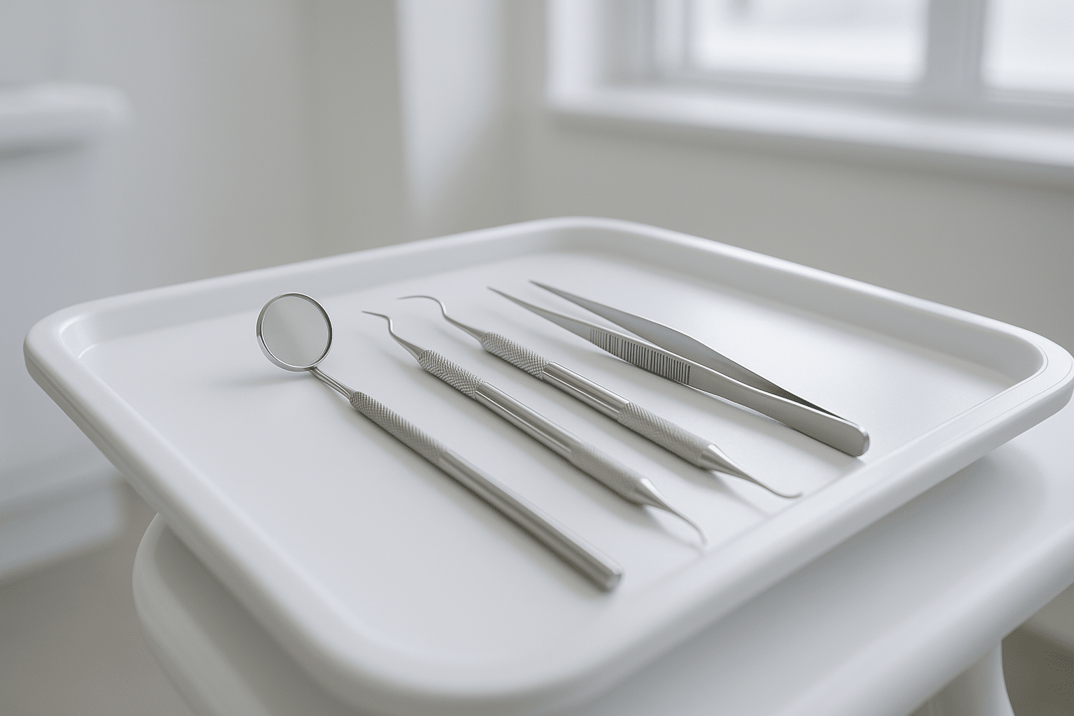 Dental hygiene instruments and mirror on a clean tray