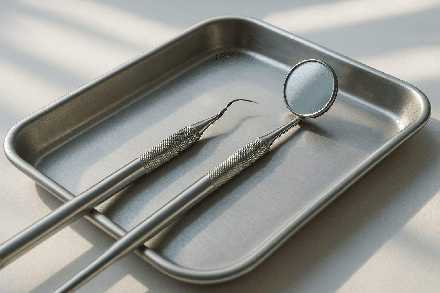 Dental scaler and mouth mirror on a sterile tray