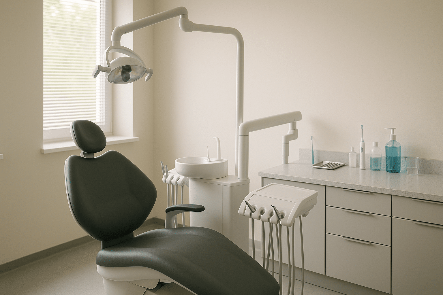 Tidy dental hygiene room with an empty chair