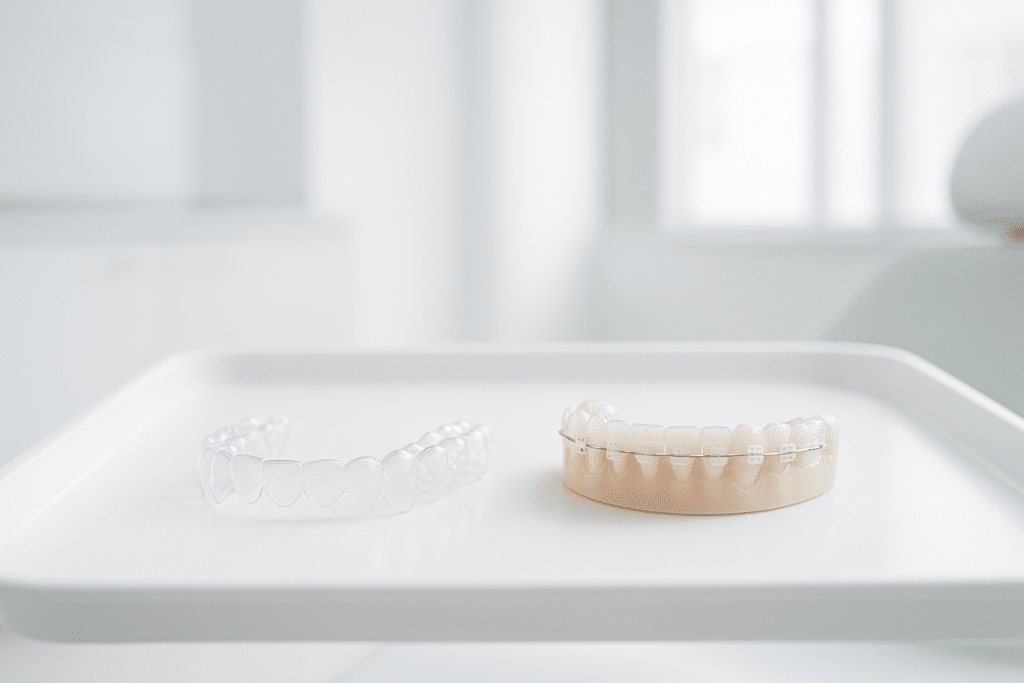 Clear orthodontic aligner and ceramic braces on a dental tray