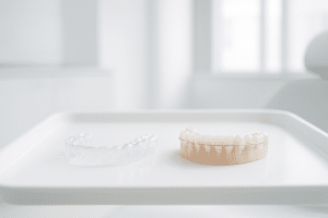 Clear orthodontic aligner and ceramic braces on a dental tray