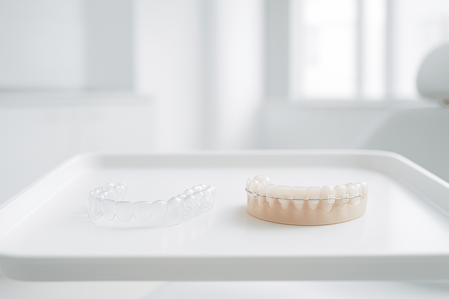 Clear orthodontic aligner and ceramic braces on a dental tray