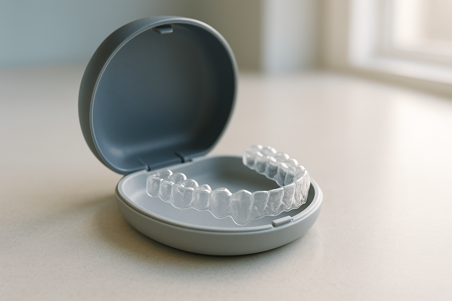 Clear orthodontic aligner in an open protective case