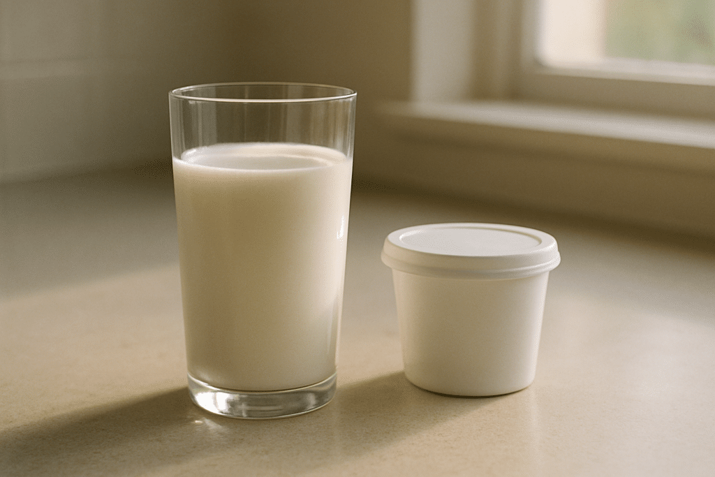 Glass of milk beside a plain tooth-preservation container