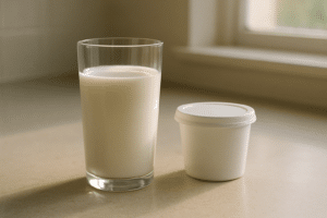 Glass of milk beside a plain tooth-preservation container