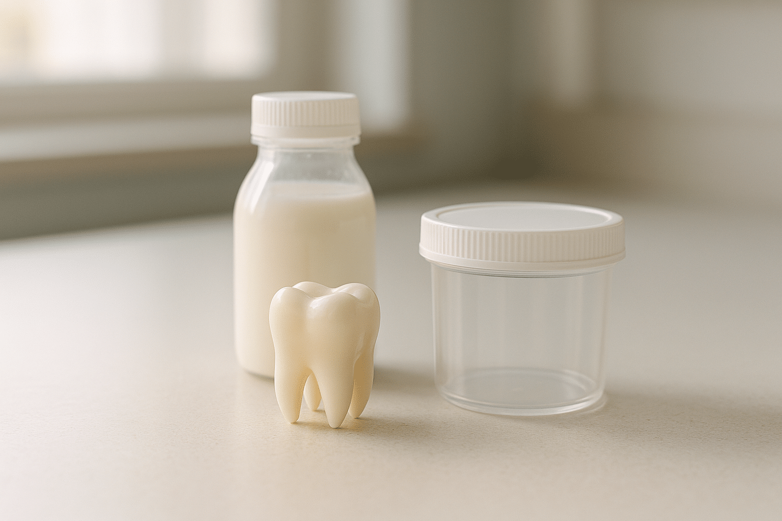 Container of milk for preserving a knocked-out tooth
