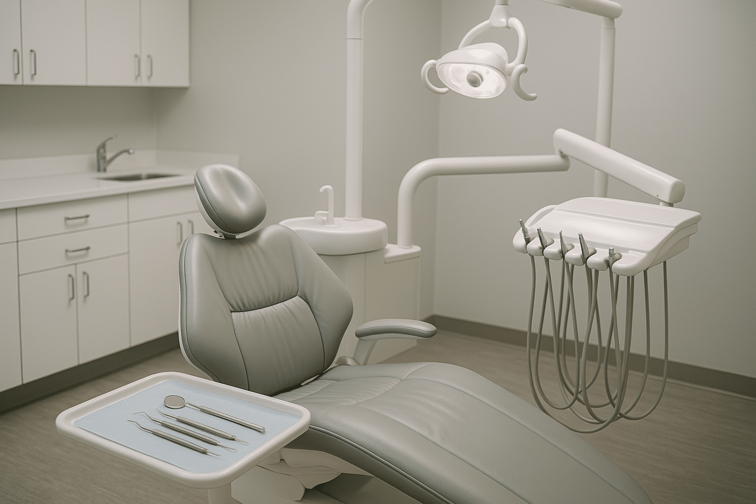 Empty emergency dental operatory with an instrument tray
