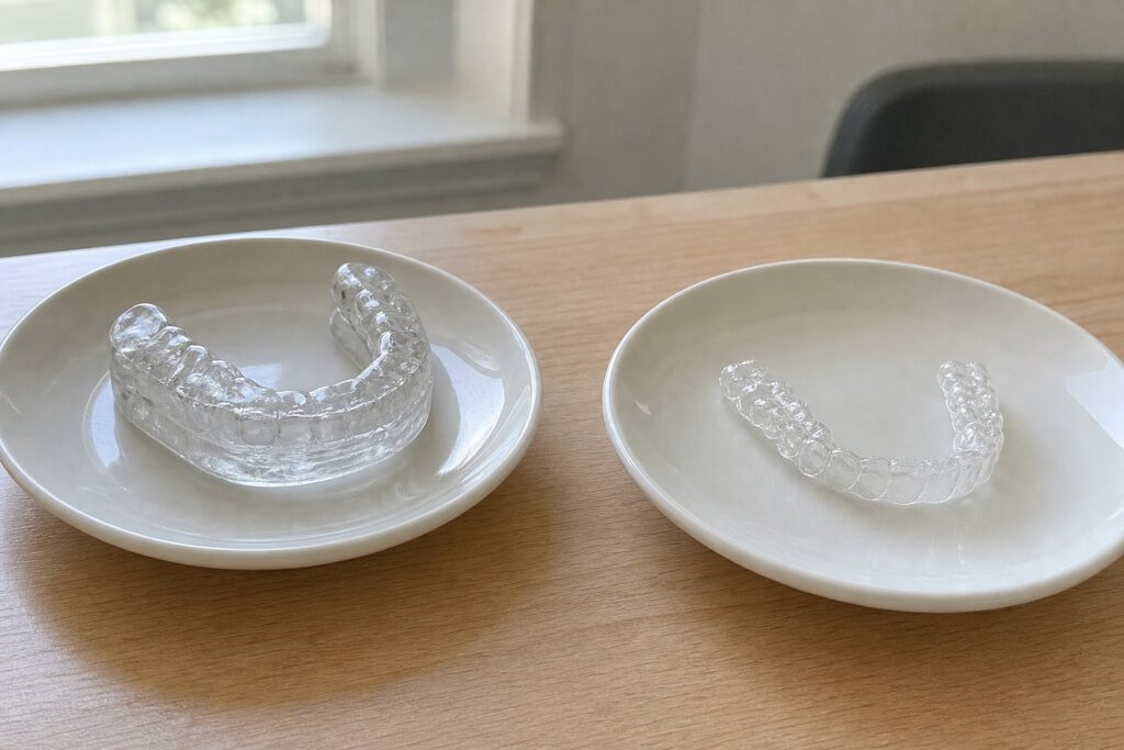 Clear night guard and retainer displayed separately in a dental consultation room