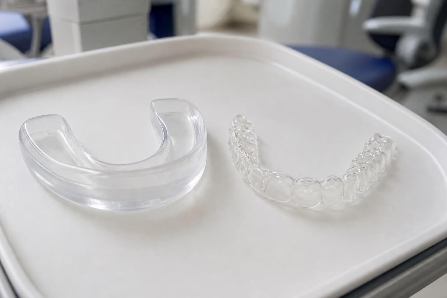 Clear night guard and clear retainer side by side on a dental tray