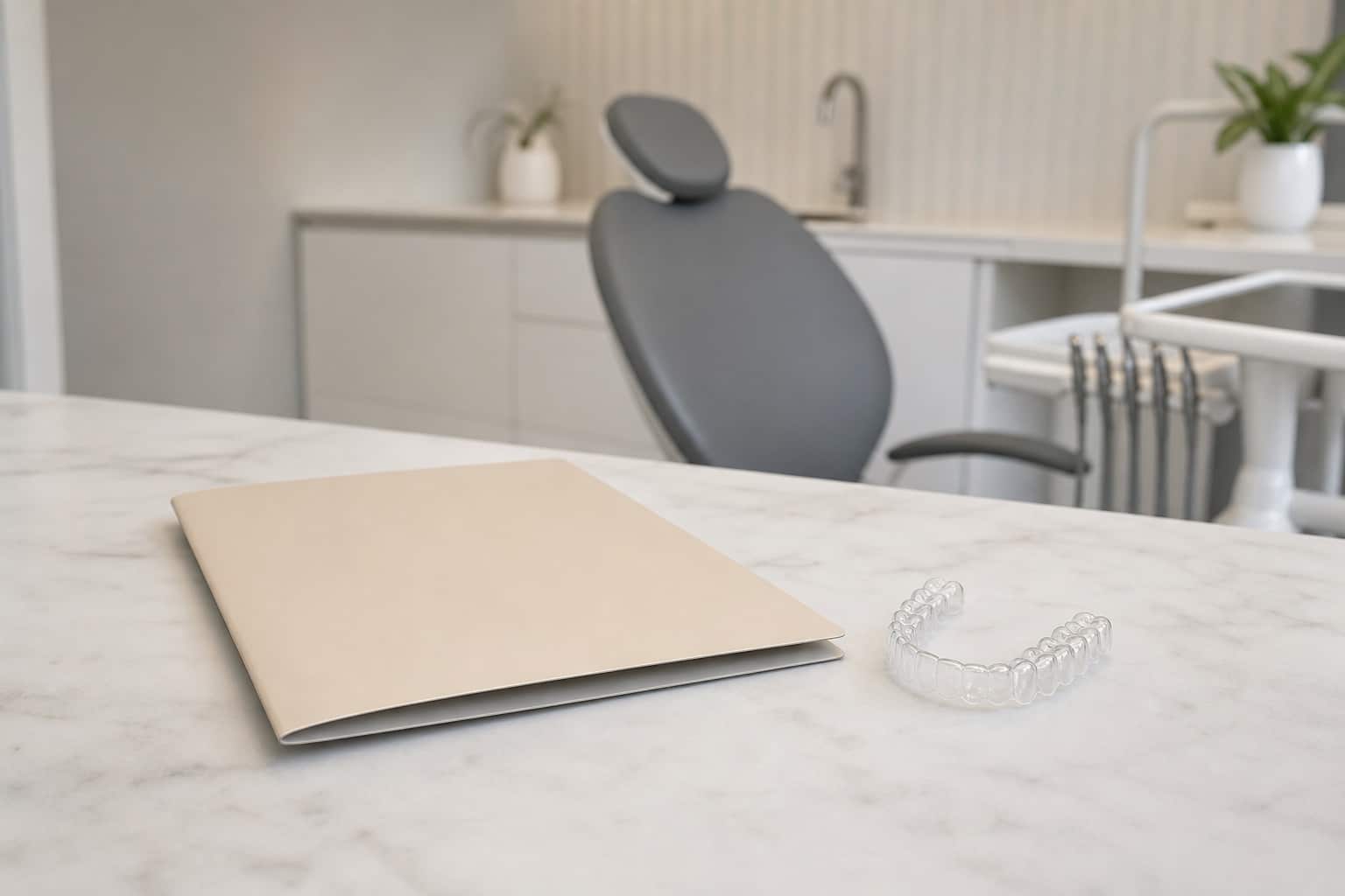 Clear retainer beside a blank treatment folder in a dental consultation room