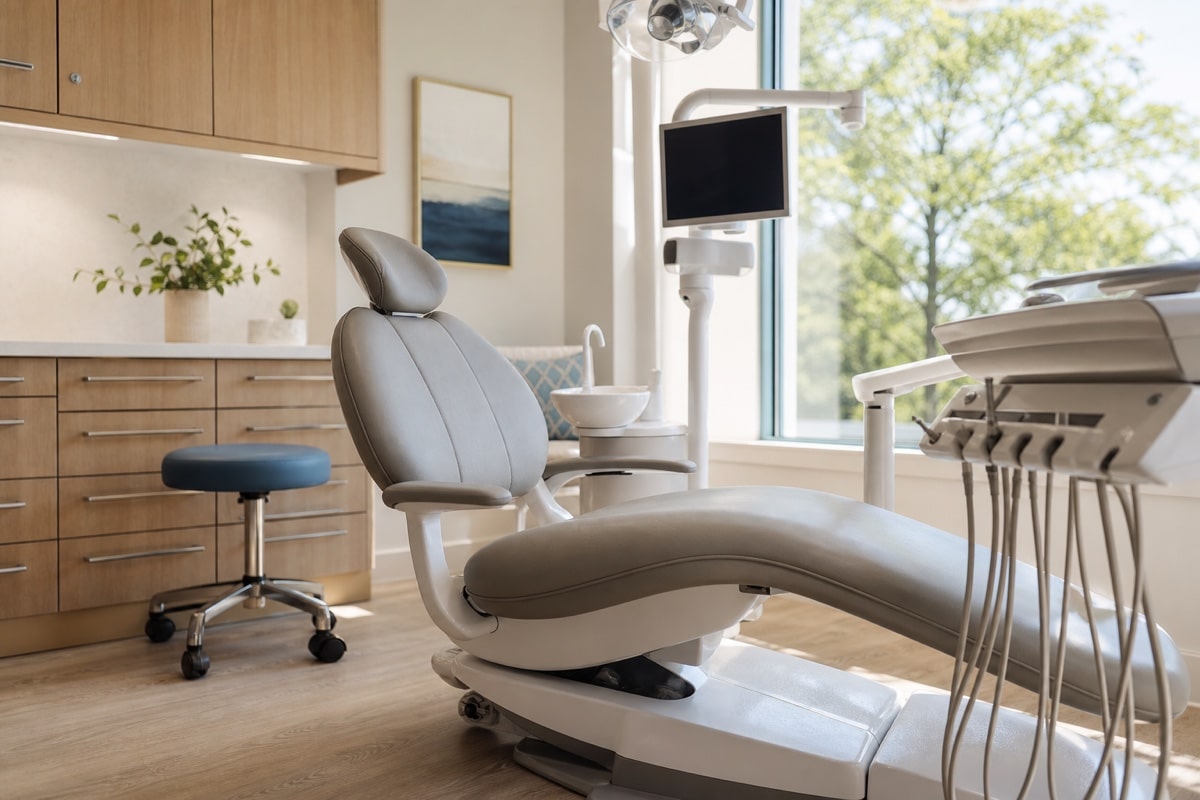 Modern dental treatment room with a comfortable chair and natural daylight