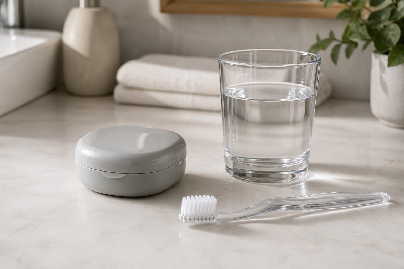 Closed dental case with toothbrush and water