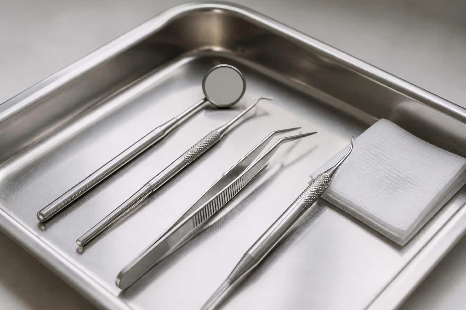 Dental examination instruments arranged on a clean metal tray