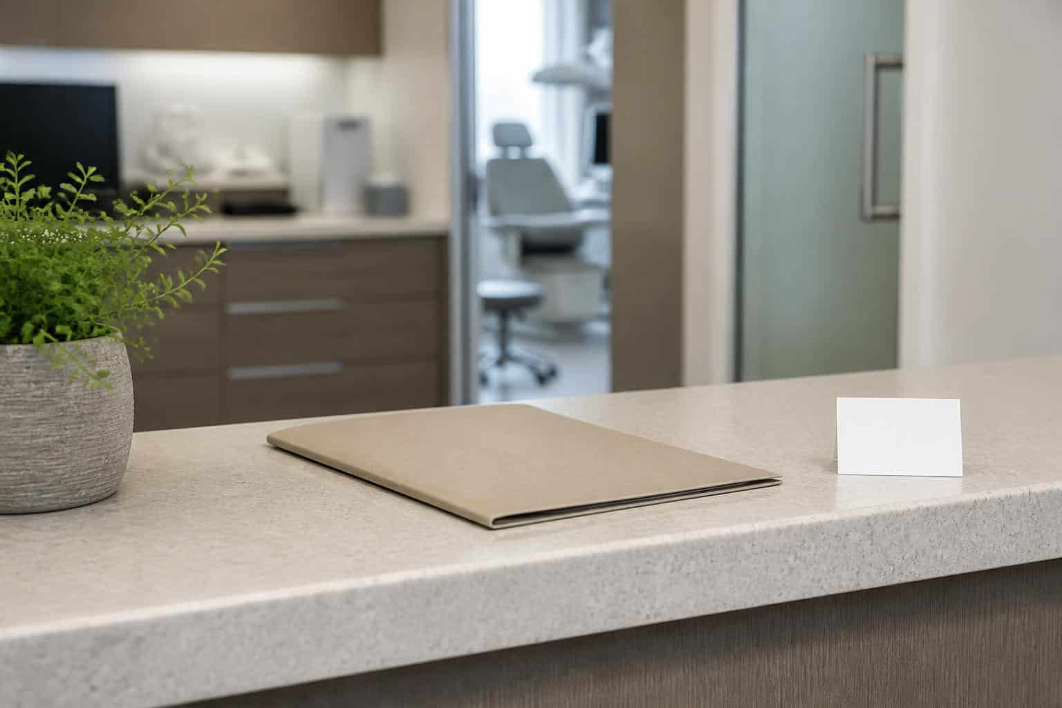 Plain folder and blank card on a dental reception counter