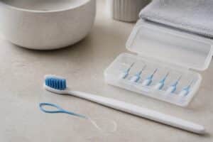 Toothbrush, floss threader, and interdental brushes on a clean counter