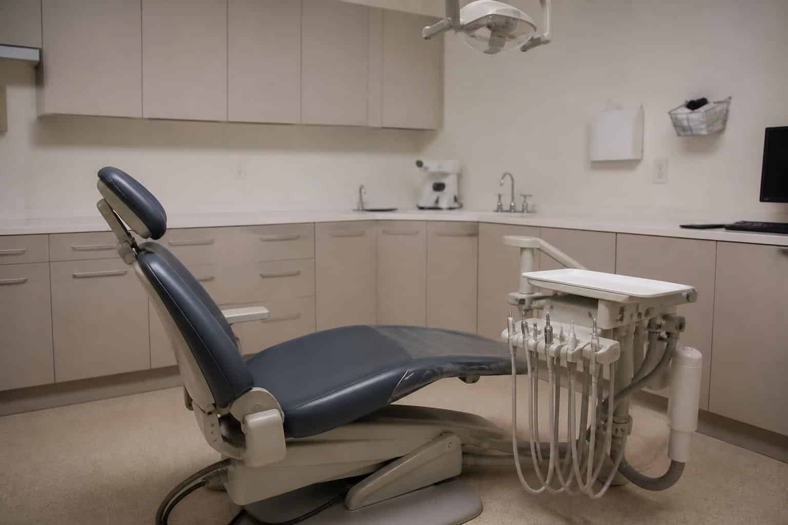 Empty dental treatment room prepared for a hygiene visit