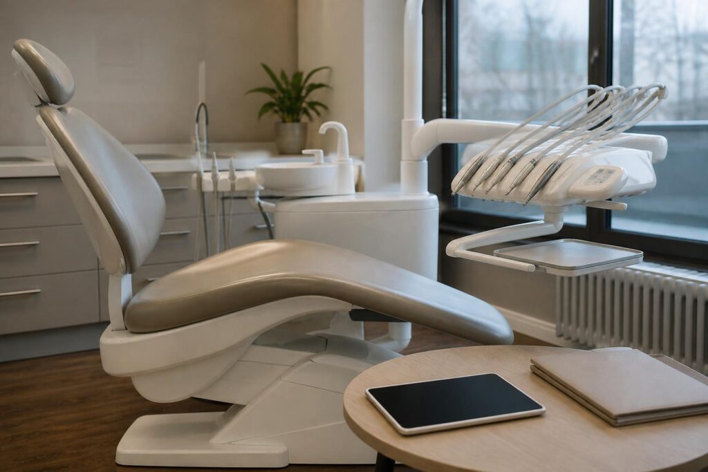 Prepared dental operatory with a consultation folder and tablet