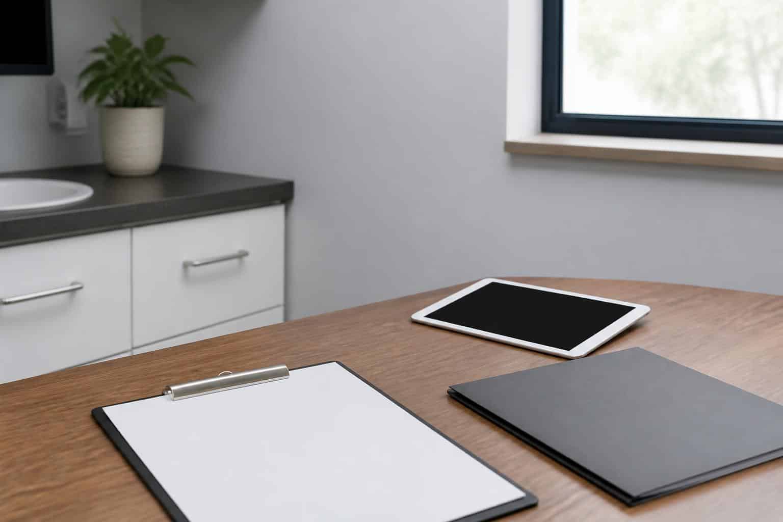 Blank clipboard, tablet, and folder on a dental consultation table