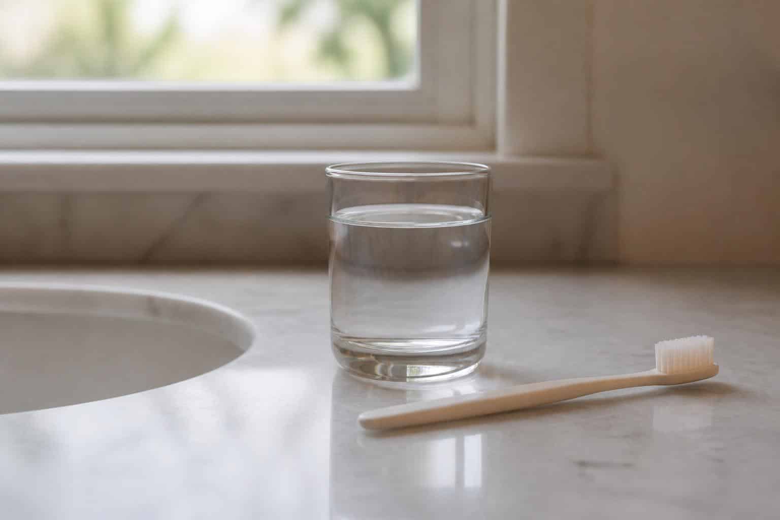 Soft toothbrush and glass of water beside a bathroom sink